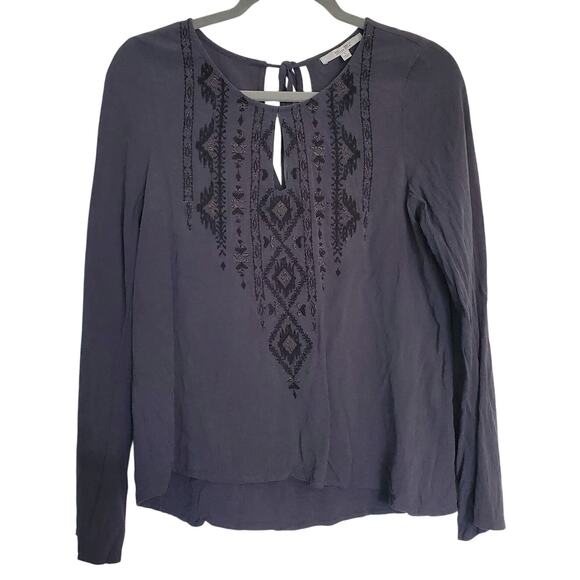 Miss Me Embroidered Peasant Blouse S Grayish Blue Linen Blend Top Boho Cottage - Picture 1 of 6